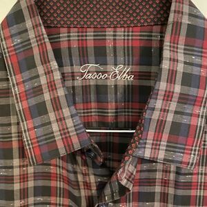 Tasso Elba Men’s Unique Red & Black Plaid Button Down Dress Shirt (XL)